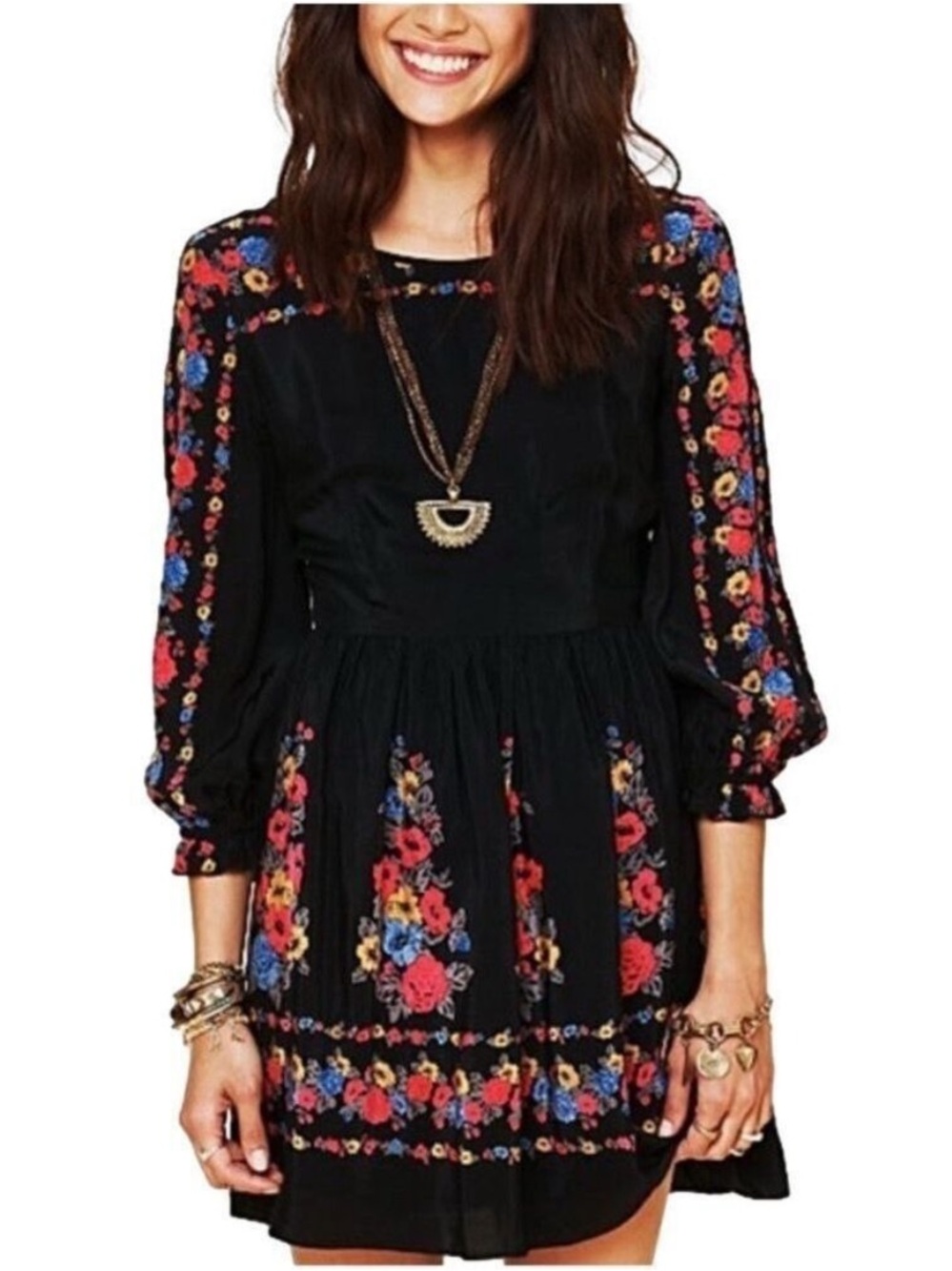 Free People “Age of Aquarius” Black Floral Mini Dress Sz 6